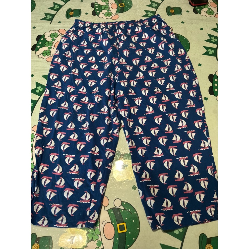 Blair Women Pajama Pants L Blue Sailboat Print‎ Nautical Crop Sleepwear B18111